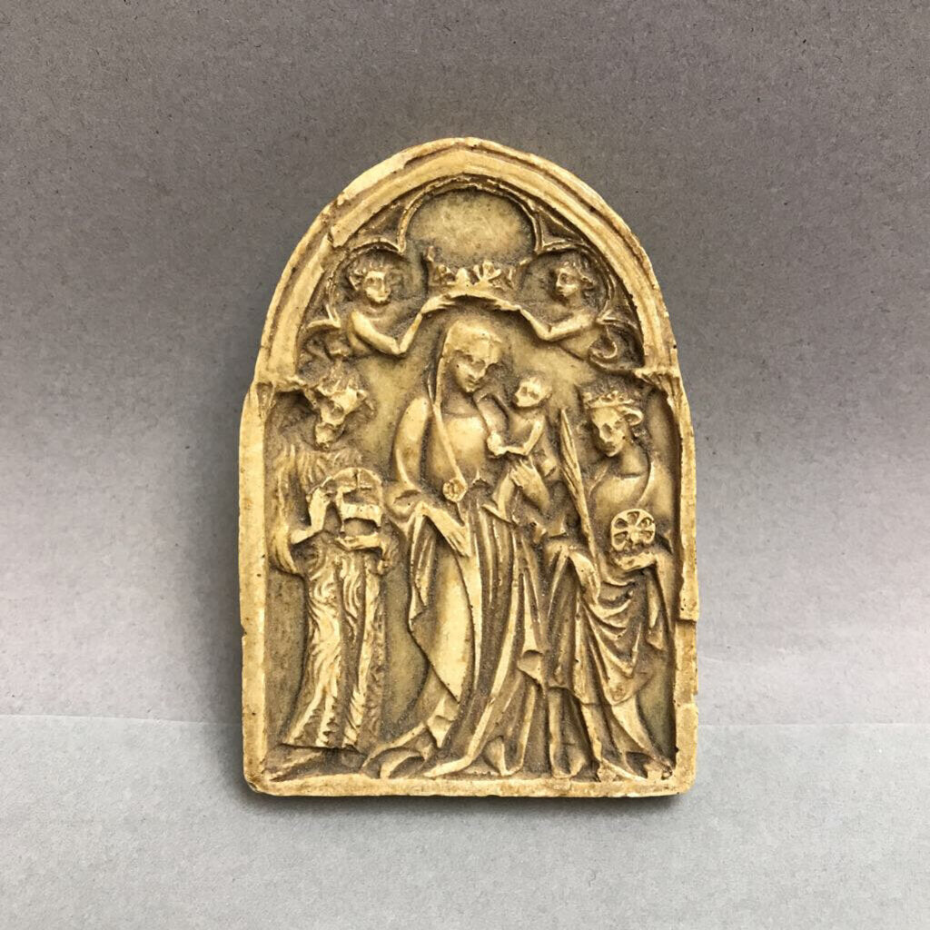 Medieval-Style Plaque; Virgin & Child, St John & St Catherine (~3x3.25)