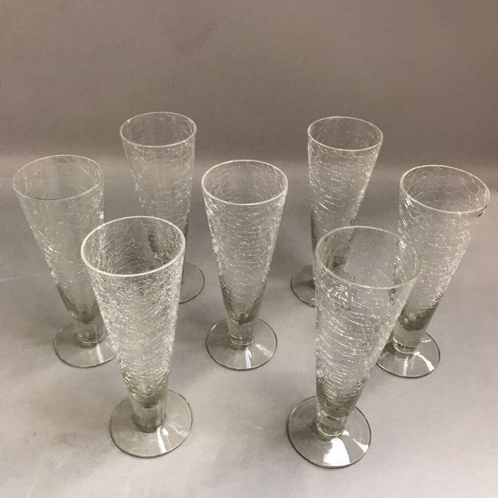 Set of 7 Clear Crackle Champagne Flutes Glasses