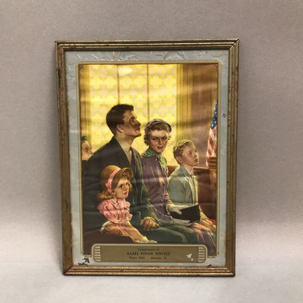 Harold Anderson Framed Advertising Picture - Family at Church; Raabe Repair Service, Manlius, IL (~8x6)Wisconsin (10x8)