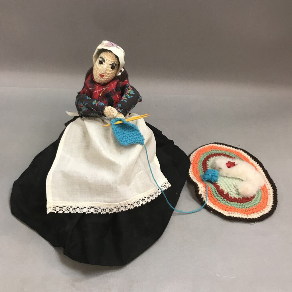 Hand Knitted Doll Sitting Knitting with Cat (8x10)