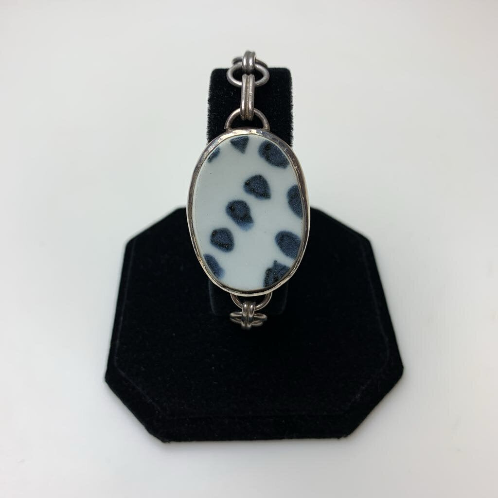 Vintage Artisan Recyled Ceramic Sterling Bezel Chain Bracelet Signed (7.5