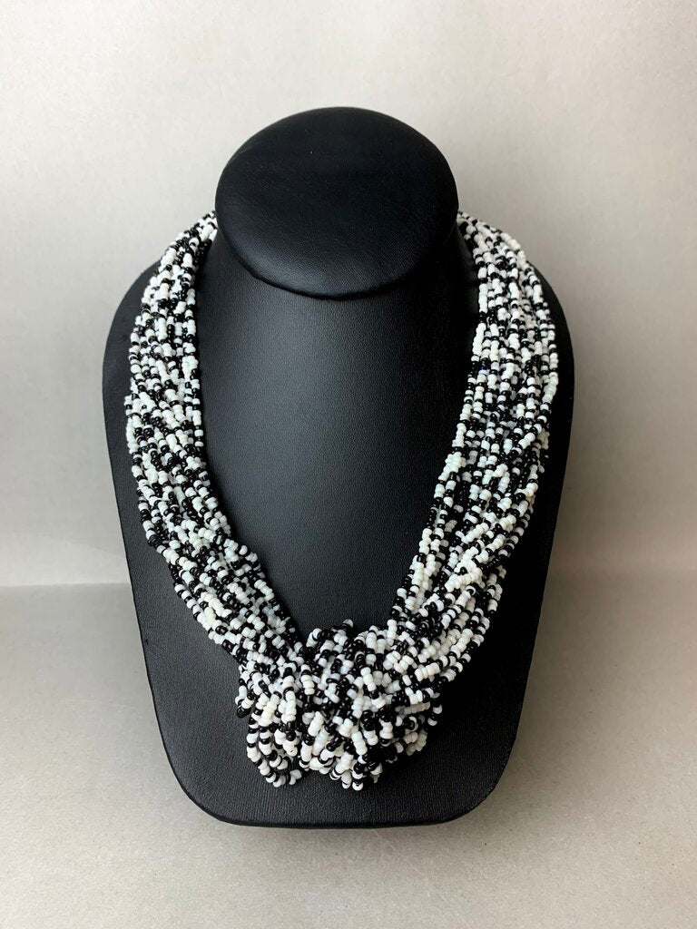 Vintage Black & White Seed Beaded Layered Knot Necklace (27