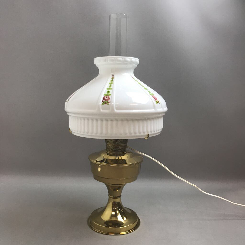 Brass Electrical Oil Lamp with Floral Milk Glass Shade (24