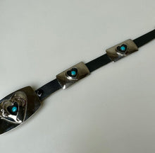 Load image into Gallery viewer, Vintage Nickel Silver Turquoise Heart Shadowbox Concho Belt Signed BC (33&quot;)
