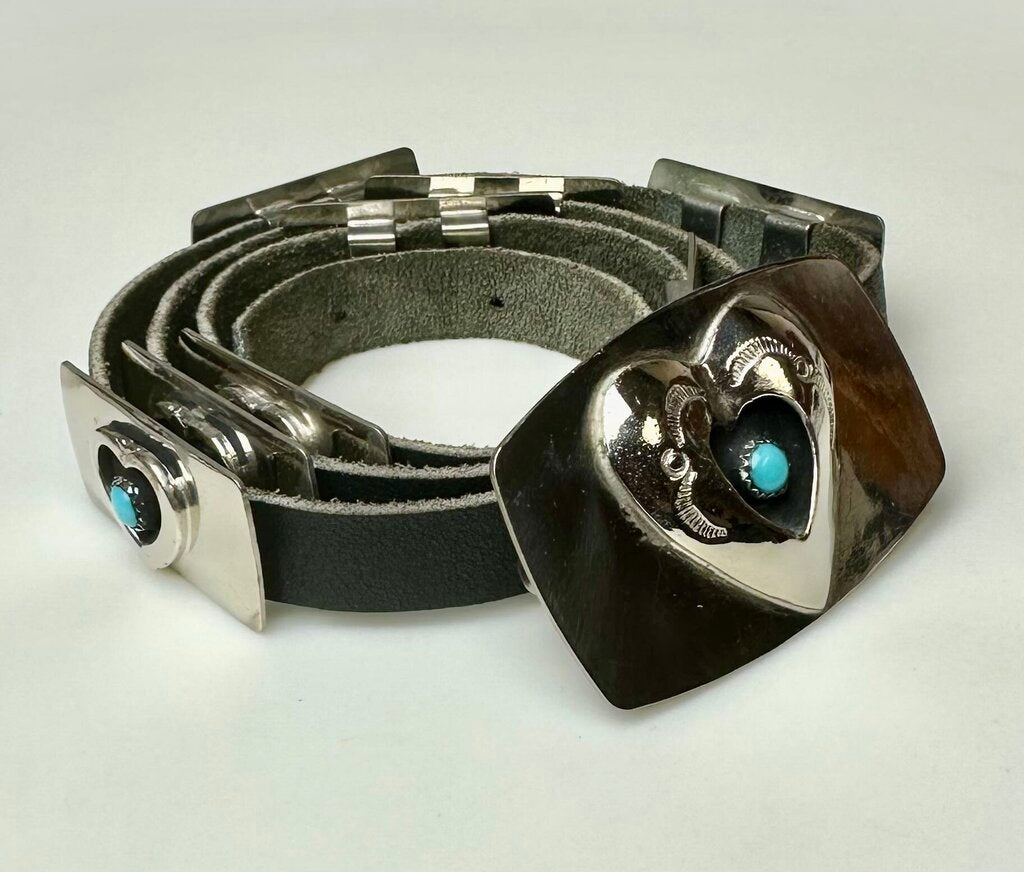 Vintage Nickel Silver Turquoise Heart Shadowbox Concho Belt Signed BC (33