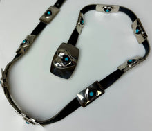 Load image into Gallery viewer, Vintage Nickel Silver Turquoise Heart Shadowbox Concho Belt Signed BC (33&quot;)

