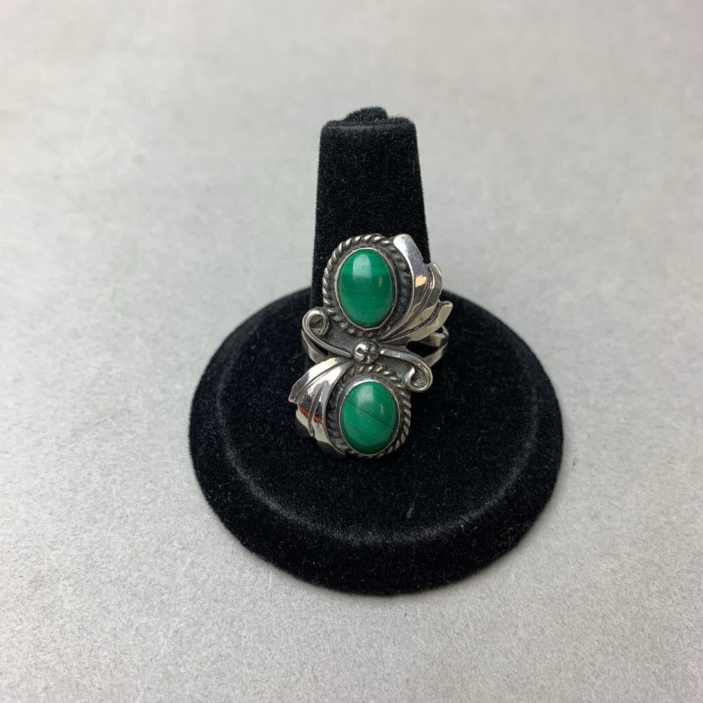 Vintage Sterling Malachite Two Stone Flourish Ring sz 6.5