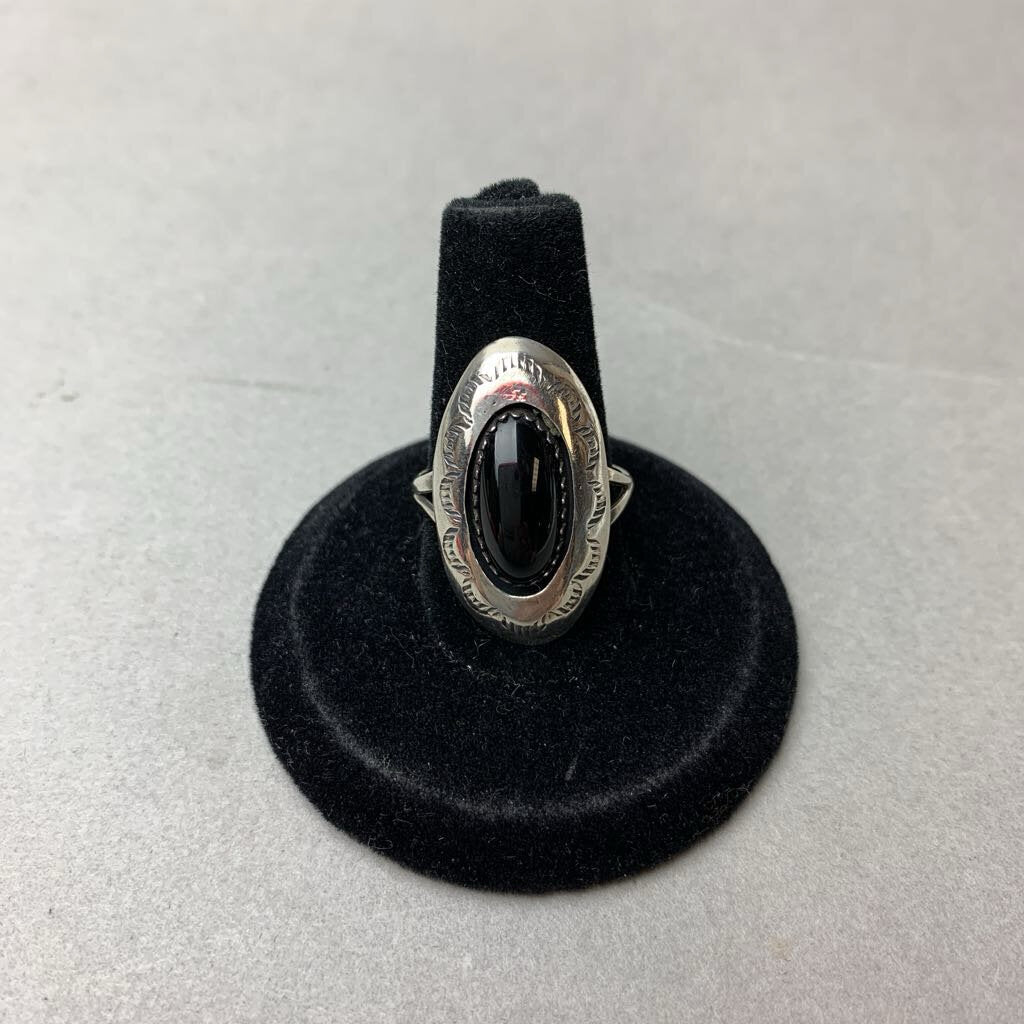 Vintage Sterling Onyx Concho Ring Signed sz 5.5
