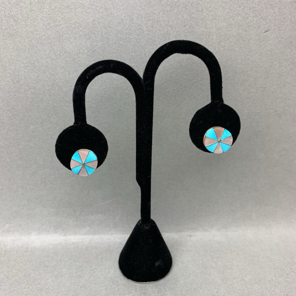 Vintage Native American Sterling Turquoise MOP Wheel Inlay 0.5