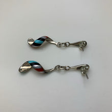Load image into Gallery viewer, Vintage Zuni Sterling Multi Stone Channel Inlay Spiral Drop 1.75&quot; Earrings
