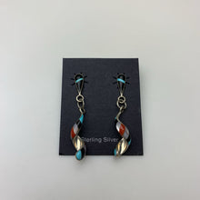 Load image into Gallery viewer, Vintage Zuni Sterling Multi Stone Channel Inlay Spiral Drop 1.75&quot; Earrings
