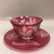 Load image into Gallery viewer, Cranberry Glass Floral Serving Bowl and Plate with Glass Ladle (7inx4in) (Set of 3)
