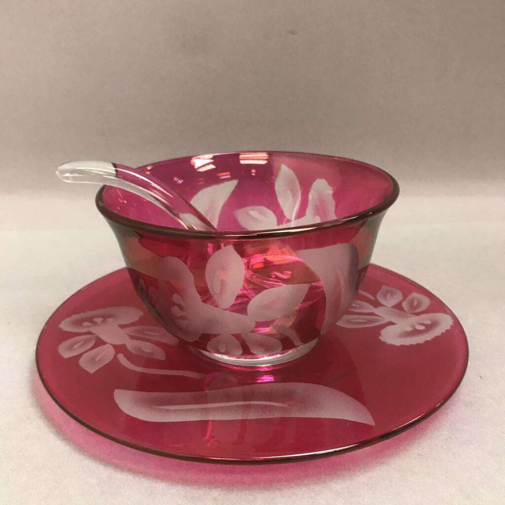 Cranberry Glass Floral Serving Bowl and Plate with Glass Ladle (7inx4in) (Set of 3)