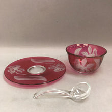 Load image into Gallery viewer, Cranberry Glass Floral Serving Bowl and Plate with Glass Ladle (7inx4in) (Set of 3)
