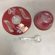 Load image into Gallery viewer, Cranberry Glass Floral Serving Bowl and Plate with Glass Ladle (7inx4in) (Set of 3)
