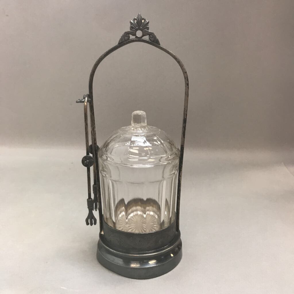 Silver Plated Glass Pickle Caster Jar with Claw Tongs Aurora Mfg. #647 (11in)