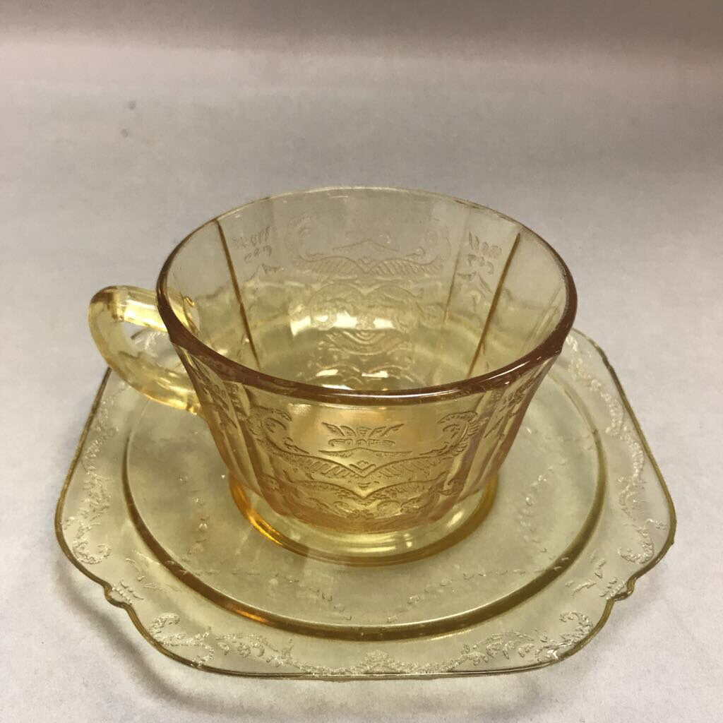 Antique Indiana Federal Madrid Amber Yellow Glass Cup & Saucer (12 Available)