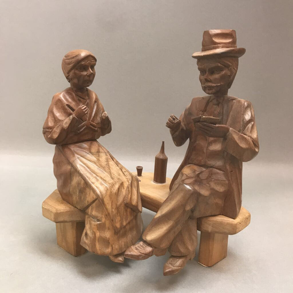 Wooden Hand-Carved Couple on a Bench Ecuador (9inx8in) (As Is)