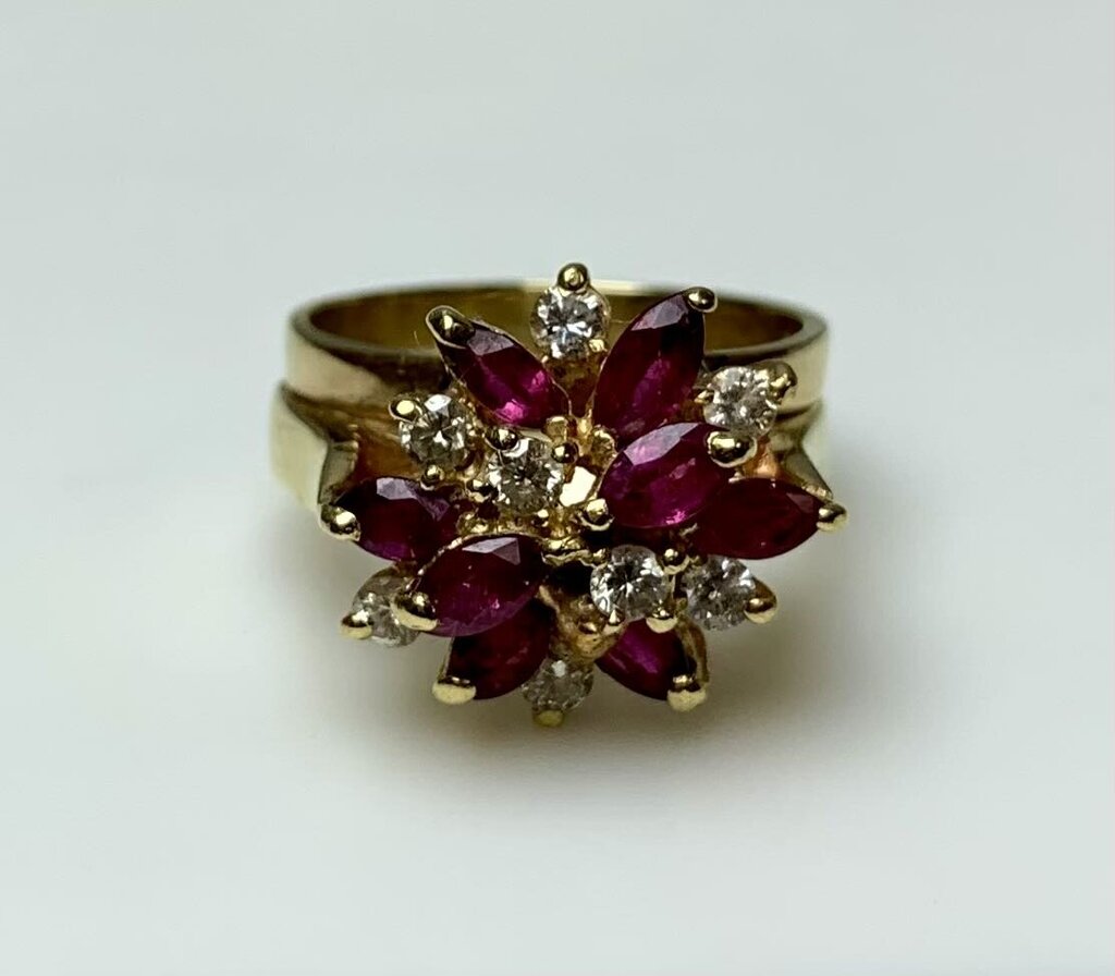 14K Gold Ruby Diamond Cocktail Ring sz 7 (6.9g)