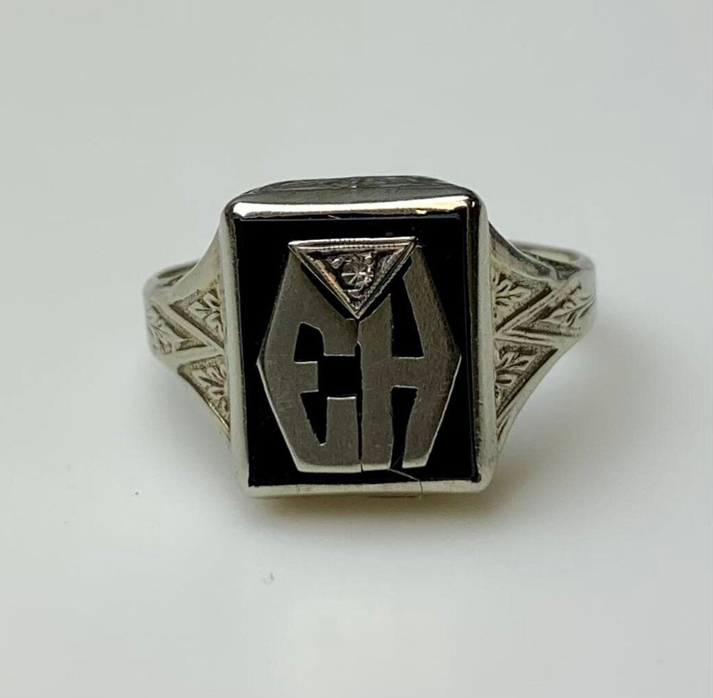 Vintage 10K White Gold Onyx Diamond Signet Ring sz 10.5 (3.3g)