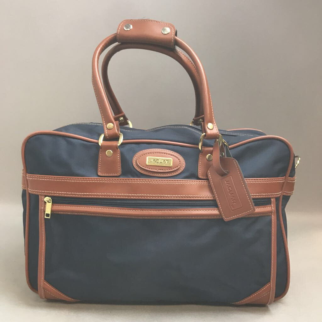 Vintage Jaguar Luggage Suitcase Travel Bag Navy Blue With Leather Trim (12x16x7)