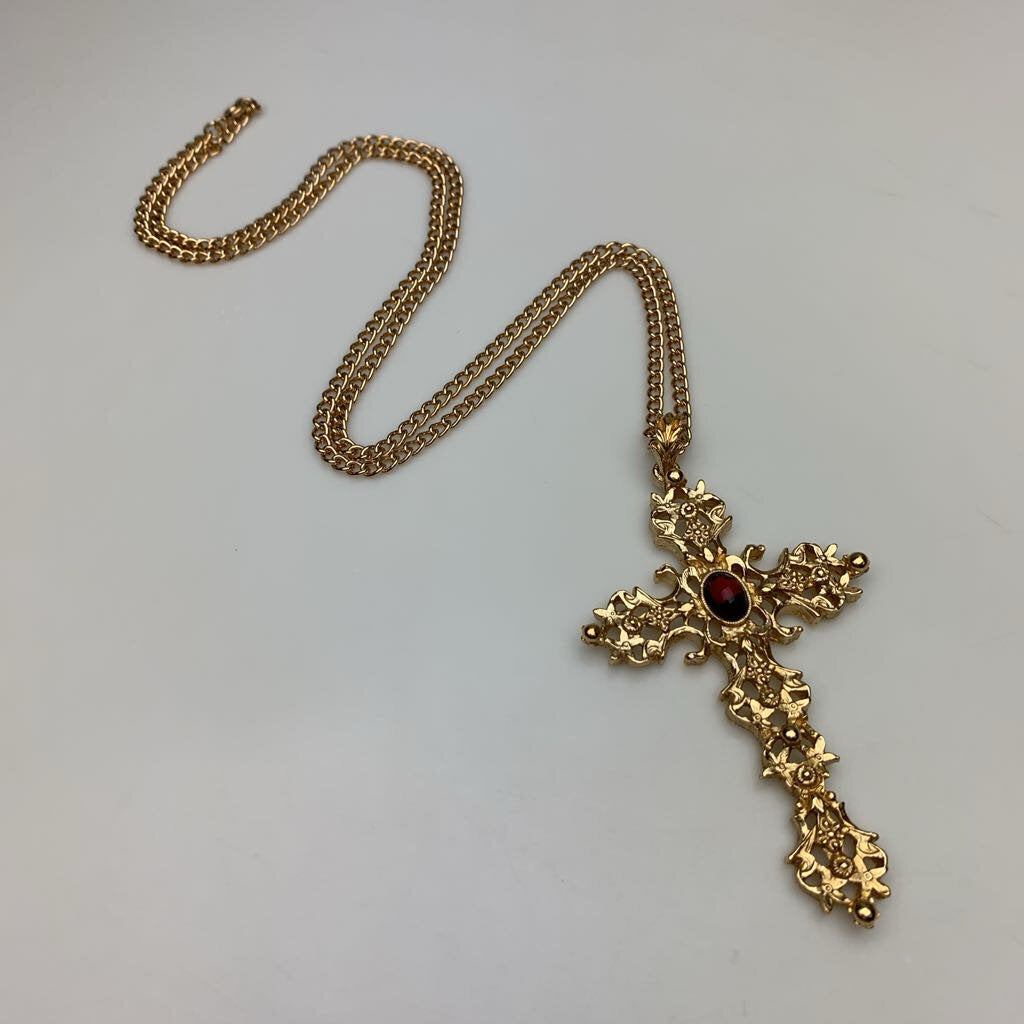 Vintage Avon Goldtone Red Gem Cross Pendant on 24