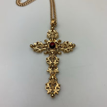 Load image into Gallery viewer, Vintage Avon Goldtone Red Gem Cross Pendant on 24&quot; Chain
