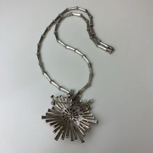 Load image into Gallery viewer, Vintage MCM Monet Starburst 3&quot; Pendant Brooch on 24&quot; Silvertone Beaded Necklace
