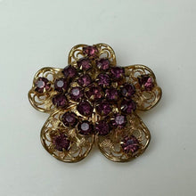 Load image into Gallery viewer, Vintage Goldtone Filigree Flower Purple Paste Stone Brooch Pin (1.5&quot;)
