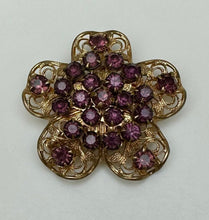 Load image into Gallery viewer, Vintage Goldtone Filigree Flower Purple Paste Stone Brooch Pin (1.5&quot;)
