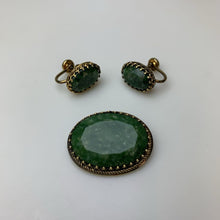 Load image into Gallery viewer, Vintage Danecraft 12K Gold Filled Faceted Jadeite 1.25&quot; Brooch Pin &amp; Screw Back Earrings 0.5&quot; Set
