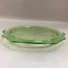 Load image into Gallery viewer, Vintage Depression Glass Cameo Princess Floral Footed Uranium Green Cake Plate (11&quot;)
