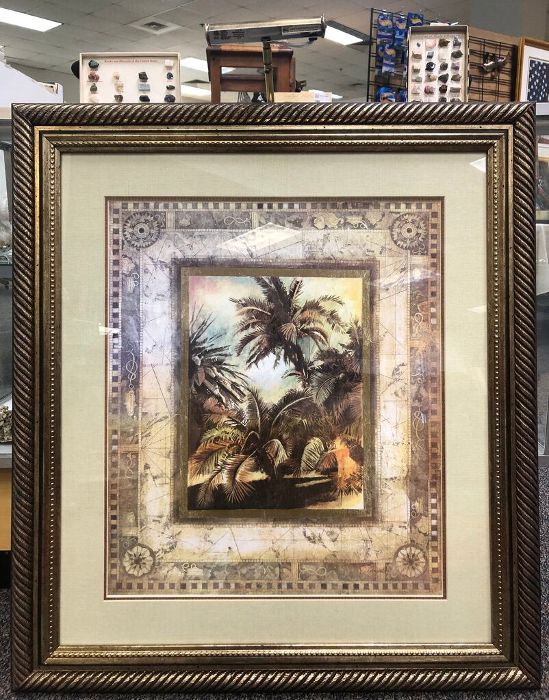 Gold Framed Tropical Art Print with Light (39x34)