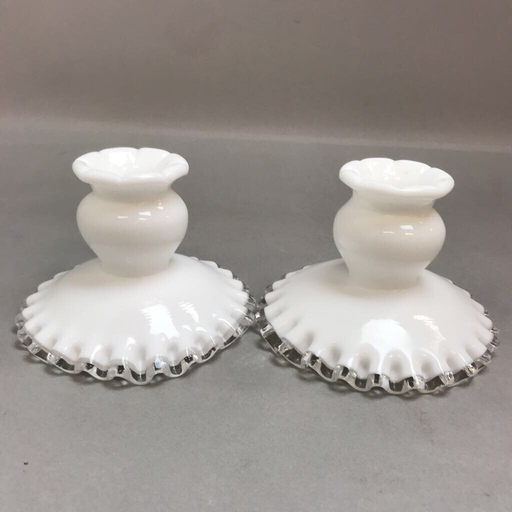 Fenton Milk Glass Silver Crest Single Lite Candlesticks (3.5