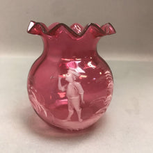 Load image into Gallery viewer, Vintage Cranberry Glass Hand Painted Ruffled Vase (4.5in)
