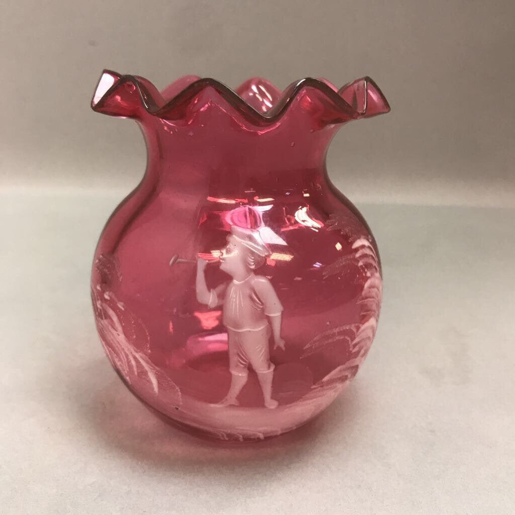 Vintage Cranberry Glass Hand Painted Ruffled Vase (4.5in)