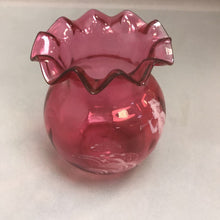 Load image into Gallery viewer, Vintage Cranberry Glass Hand Painted Ruffled Vase (4.5in)
