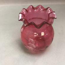 Load image into Gallery viewer, Vintage Cranberry Glass Hand Painted Ruffled Vase (4.5in)
