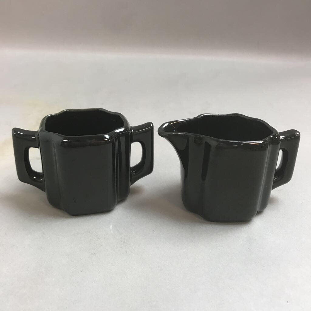 Vintage Black Pottery Cream & Sugar Paneled Set (2.5
