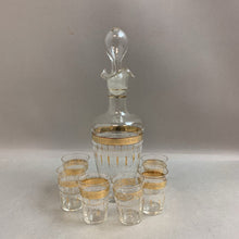 Load image into Gallery viewer, Vintage Glass Sherry Decanter with 6 Glasses Gilt Decor (9&quot;)

