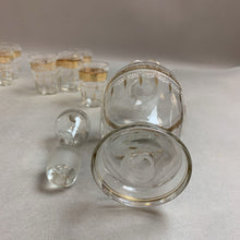Load image into Gallery viewer, Vintage Glass Sherry Decanter with 6 Glasses Gilt Decor (9&quot;)
