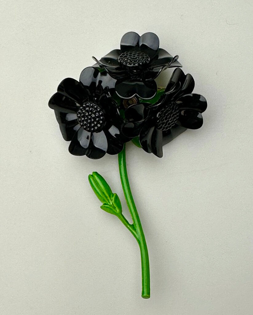 Vintage Enameled Metal Black Flower Brooch Pin (3.5