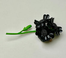 Load image into Gallery viewer, Vintage Enameled Metal Black Flower Brooch Pin (3.5&quot;

