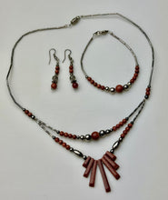 Load image into Gallery viewer, Sterling Sunstone Beaded Necklace Bracelet &amp; Earrings Set
