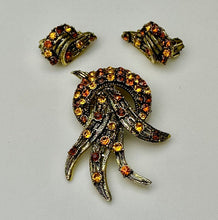 Load image into Gallery viewer, Vintage Bronze Yellow &amp; Orange Rhinestone Brooch Pin &amp; Clip Earrings Set

