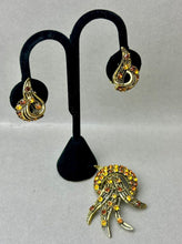 Load image into Gallery viewer, Vintage Bronze Yellow &amp; Orange Rhinestone Brooch Pin &amp; Clip Earrings Set
