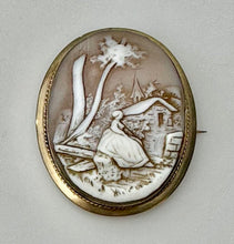 Load image into Gallery viewer, Vintage Gold Filled Rebecca at the Well Carved Shell Cameo Brooch Pin w/ Pendant Loop (2&quot;)
