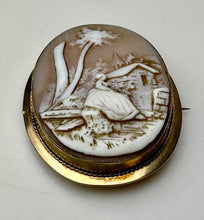 Load image into Gallery viewer, Vintage Gold Filled Rebecca at the Well Carved Shell Cameo Brooch Pin w/ Pendant Loop (2&quot;)
