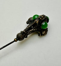 Load image into Gallery viewer, Antique Victorian Jade Brass Repousse Hat Stick Pin As-Is (9&quot;)

