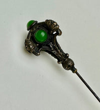 Load image into Gallery viewer, Antique Victorian Jade Brass Repousse Hat Stick Pin As-Is (9&quot;)

